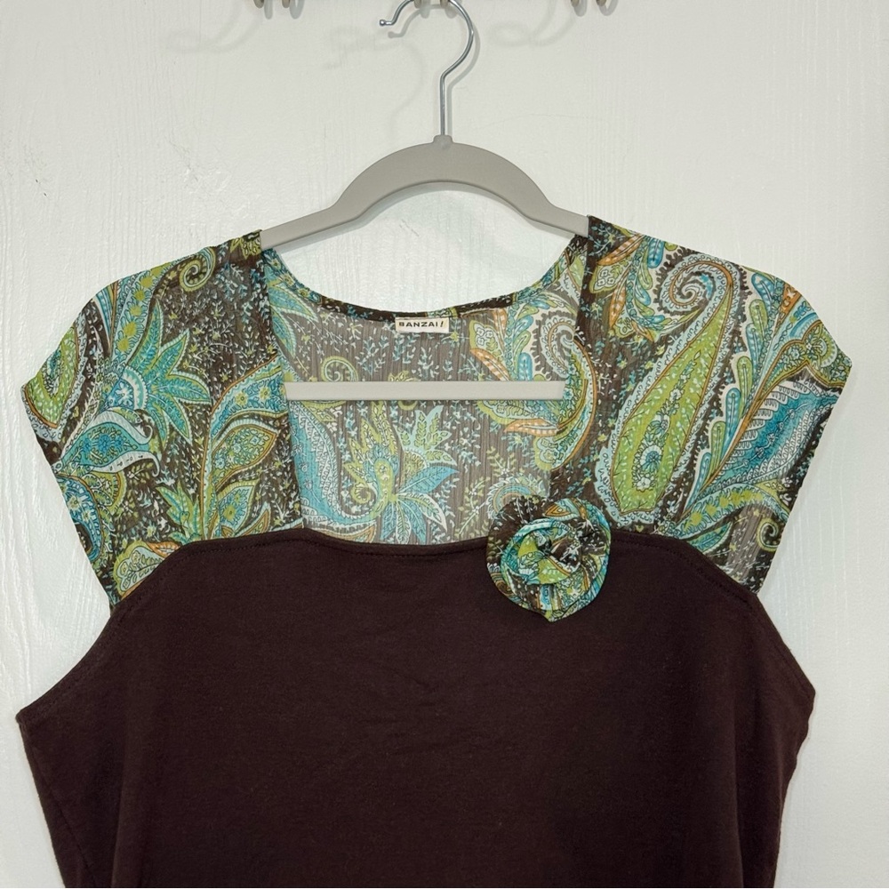 Banzai Green Paisley Yoke Top Women’s Size L Y2K Vintage Funky Flower Classic - Picture 3 of 6